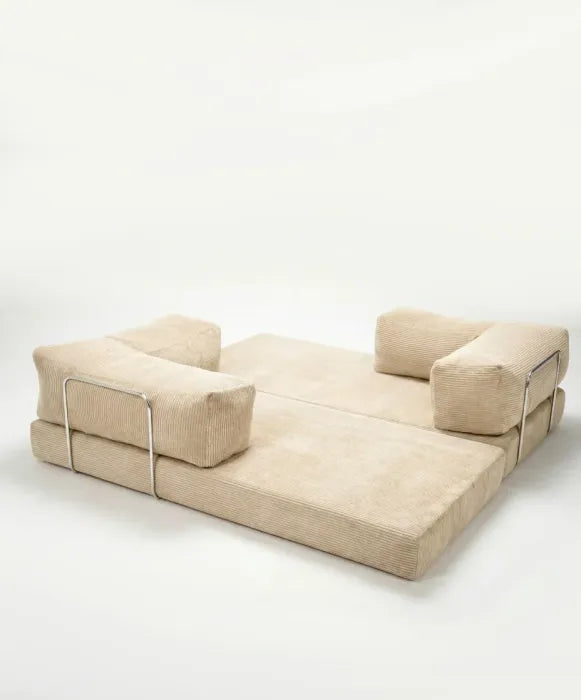 Convertible Sleeper Sofa Bed with Fixed-Shape Frame, Floor Sofa Couch with 2 Pillows, Corduroy Folding Mattress Couch for Living Room Bedroom Apartment Studio, Beige
