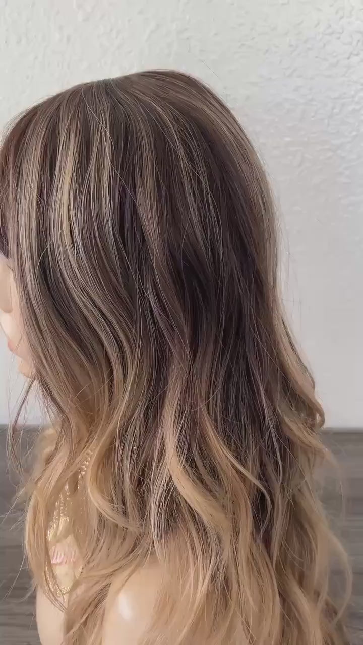 Balayage Caramel Wig with Bangs , Wavy Heat Resistant Synthetic 22 inch