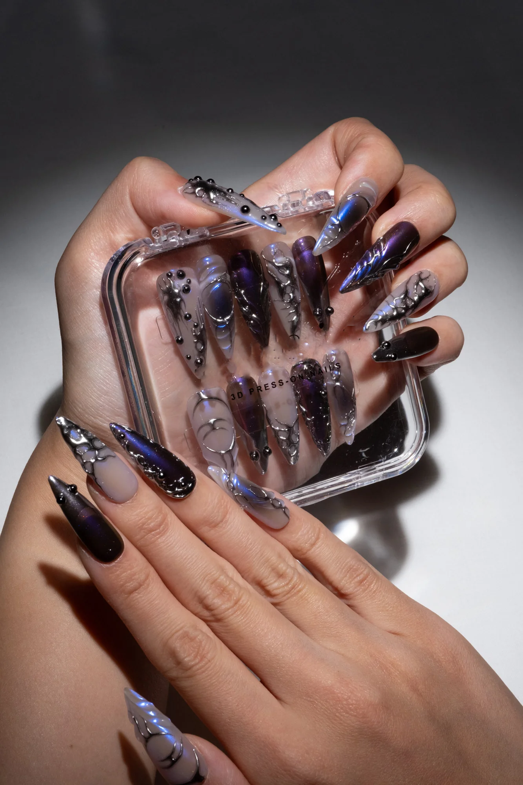 Purple Duo-Chrome Stiletto Press-On Nails – Silver Textured Night-Out Set