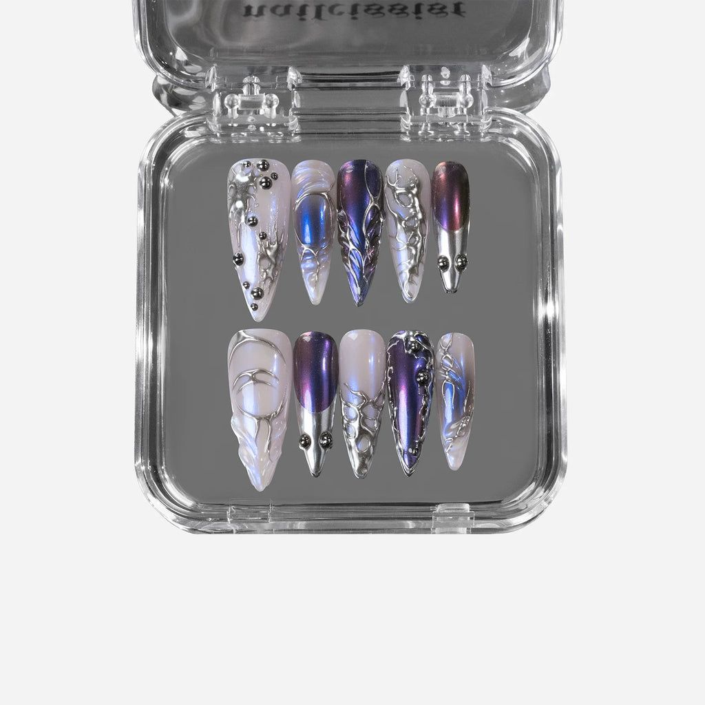 Purple Duo-Chrome Stiletto Press-On Nails – Silver Textured Night-Out Set