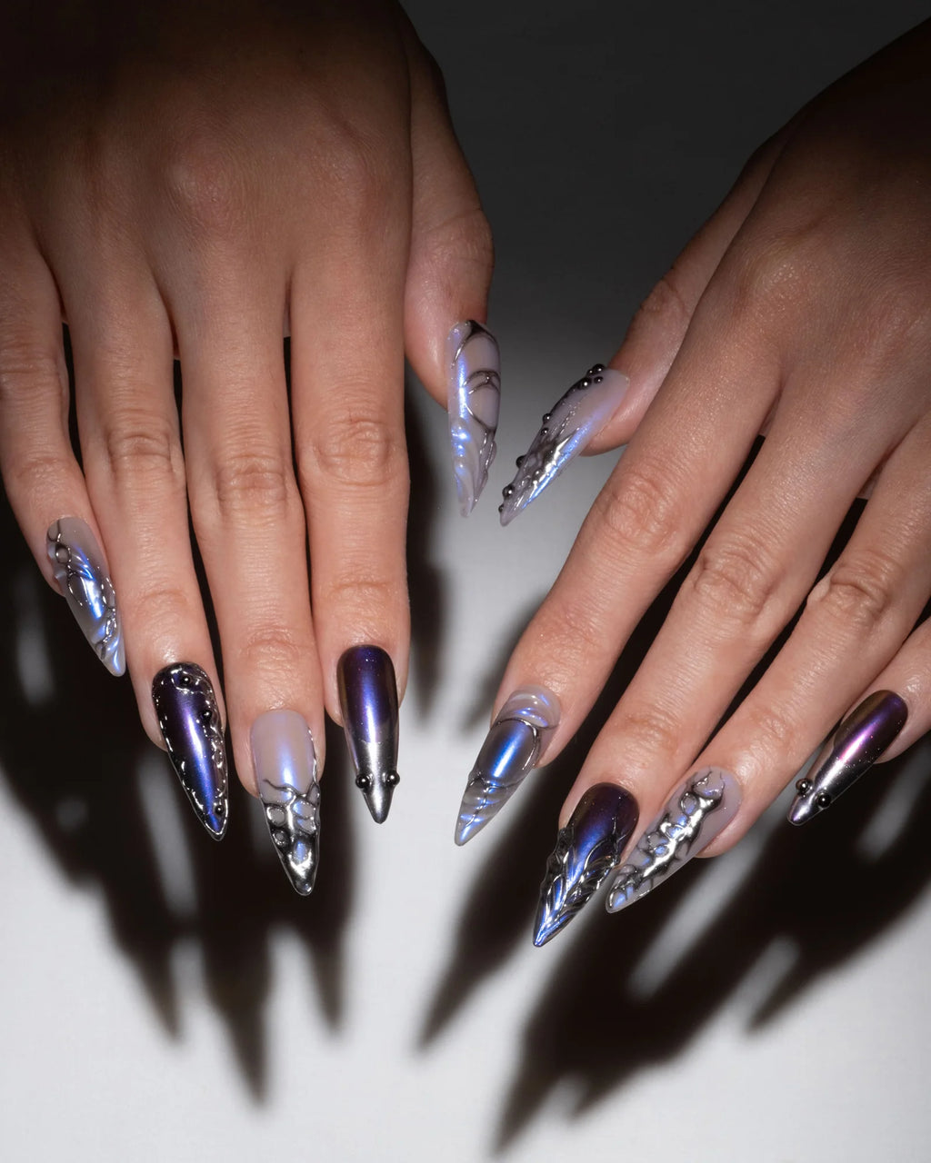 Purple Duo-Chrome Stiletto Press-On Nails – Silver Textured Night-Out Set