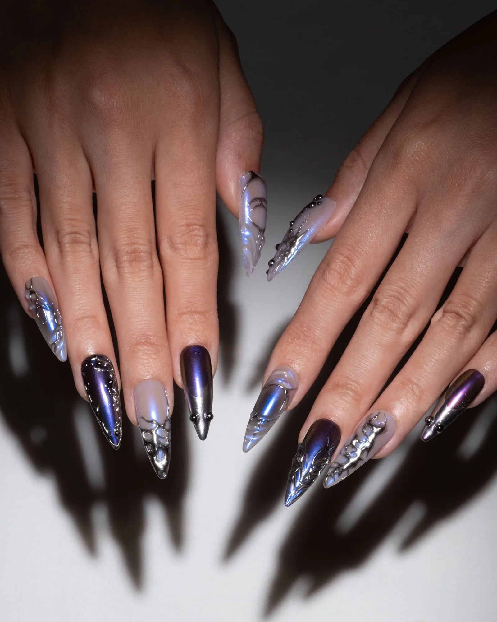 Purple Duo-Chrome Stiletto Press-On Nails – Silver Textured Night-Out Set