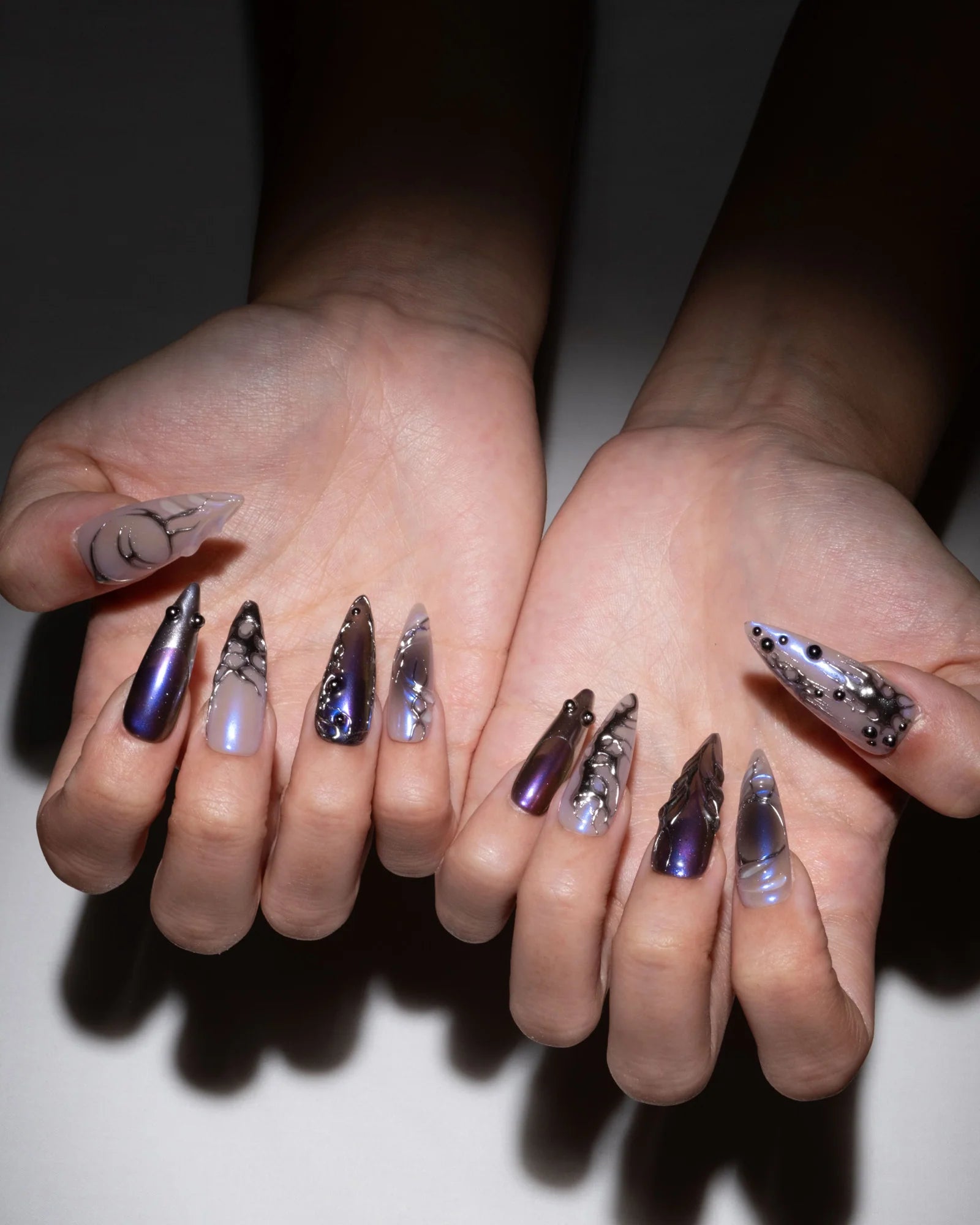 Purple Duo-Chrome Stiletto Press-On Nails – Silver Textured Night-Out Set