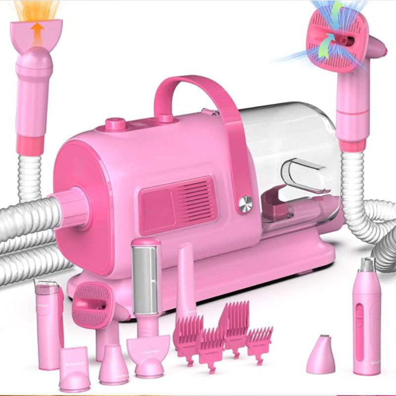 Dog Grooming Vacuum and Dryer Kit, Blower for Pet Vacuum Grooming 7 in 1 with Clippers for Dogs Hair Shedding Brush Remover Tools at Home Pink