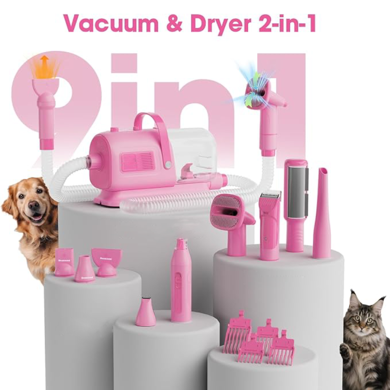Dog Grooming Vacuum and Dryer Kit, Blower for Pet Vacuum Grooming 7 in 1 with Clippers for Dogs Hair Shedding Brush Remover Tools at Home Pink