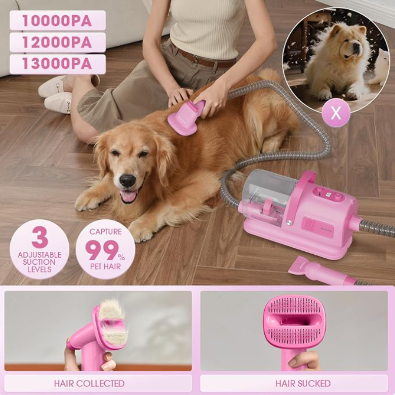 Dog Grooming Vacuum and Dryer Kit, Blower for Pet Vacuum Grooming 7 in 1 with Clippers for Dogs Hair Shedding Brush Remover Tools at Home Pink