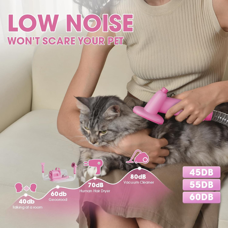 Dog Grooming Vacuum and Dryer Kit, Blower for Pet Vacuum Grooming 7 in 1 with Clippers for Dogs Hair Shedding Brush Remover Tools at Home Pink