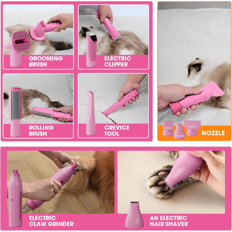 Dog Grooming Vacuum and Dryer Kit, Blower for Pet Vacuum Grooming 7 in 1 with Clippers for Dogs Hair Shedding Brush Remover Tools at Home Pink