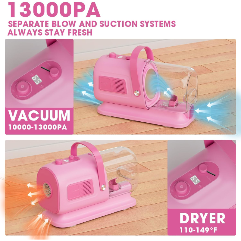 Dog Grooming Vacuum and Dryer Kit, Blower for Pet Vacuum Grooming 7 in 1 with Clippers for Dogs Hair Shedding Brush Remover Tools at Home Pink