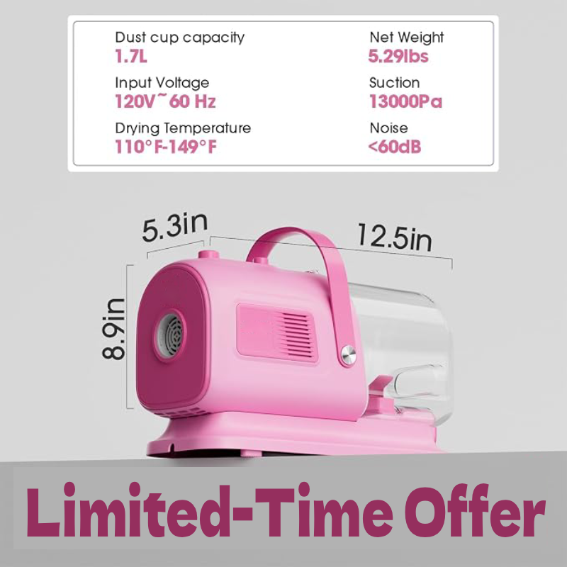Dog Grooming Vacuum and Dryer Kit, Blower for Pet Vacuum Grooming 7 in 1 with Clippers for Dogs Hair Shedding Brush Remover Tools at Home Pink