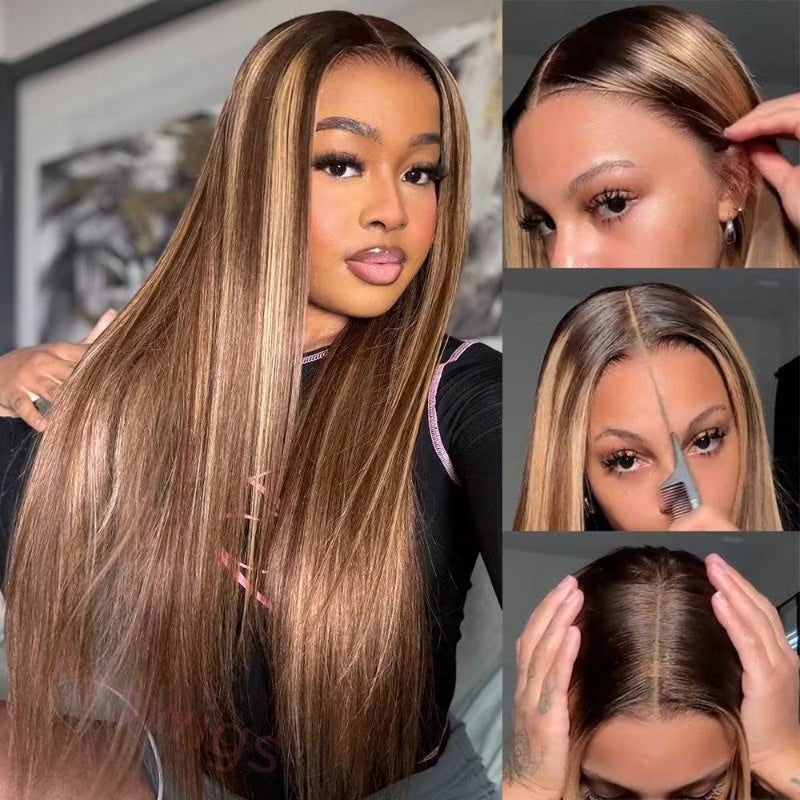 Highlight Honey Blonde Glueless Wigs Silky Long Straight Wig