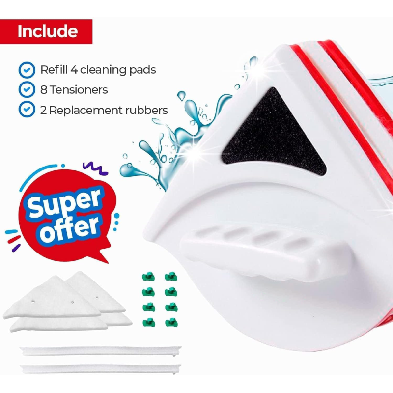 Magnetic Window Cleaner, with Double Sides for Windows 15-30mm, Professional, Window Cleaner, Includes 6 Sponges, 4 Brushes, 12 Sponge Adjusters