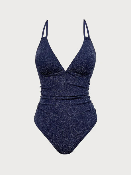 Blue Lurex V-Neck One Piece Swimwear-Available In Long Torso